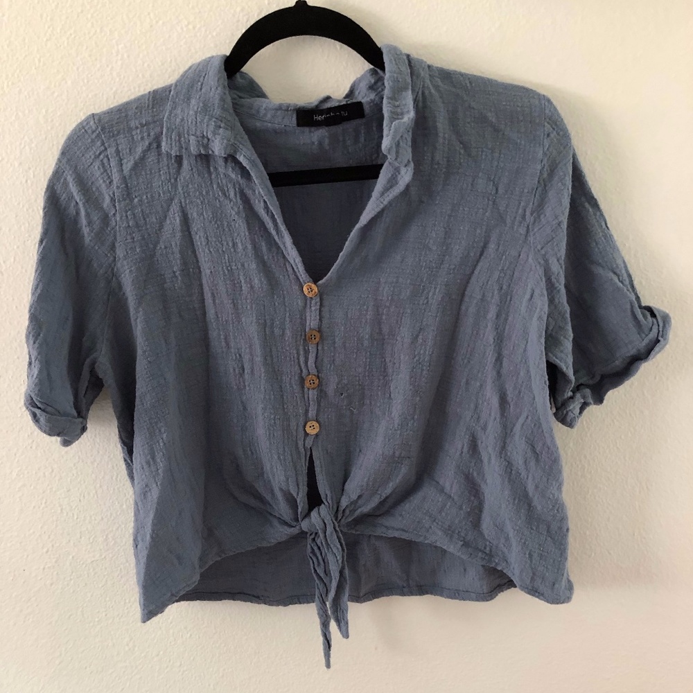 Blue button up crop top